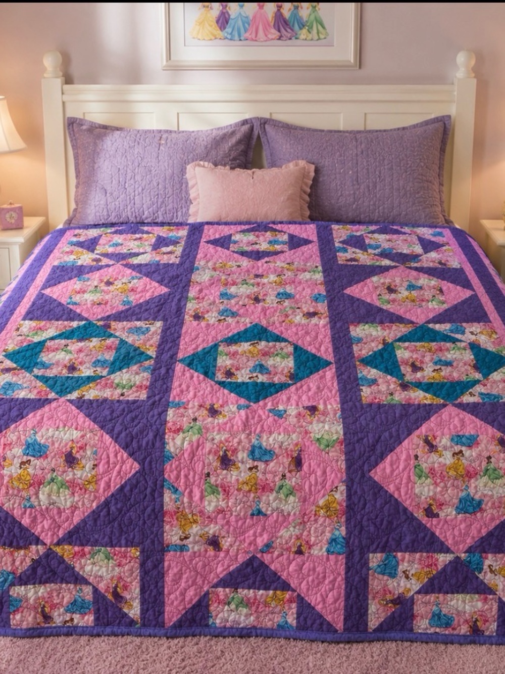 Handmade Disney princess patchwork cotton quilt long armed 82”x60”